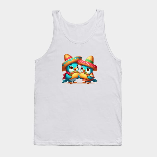 cute love birds are eating Mexican specialties, Tacos, Burritos, Enchiladas, Quesadillas, Guacamole, Fajitas, Chiles Rellenos, Tamales, Mole, Chilaquiles, Tank Top by art poo